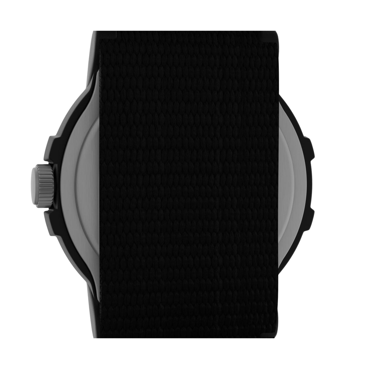 Timex Expedition Mens quartz T49713 watch with black fabric strap and dark case, back profile