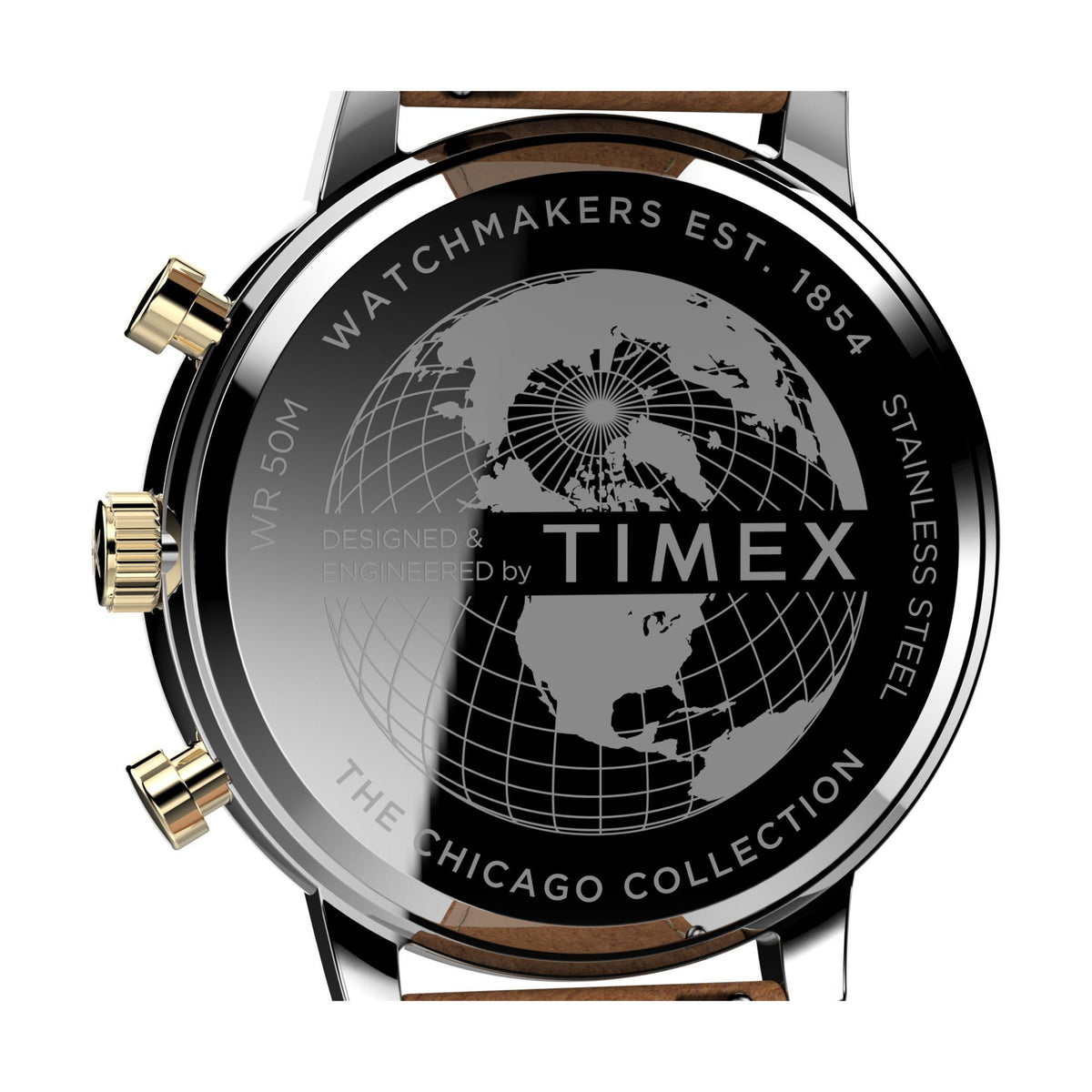 Stainless-steel watch case back with Timex and Chicago engravings, brown leather strap