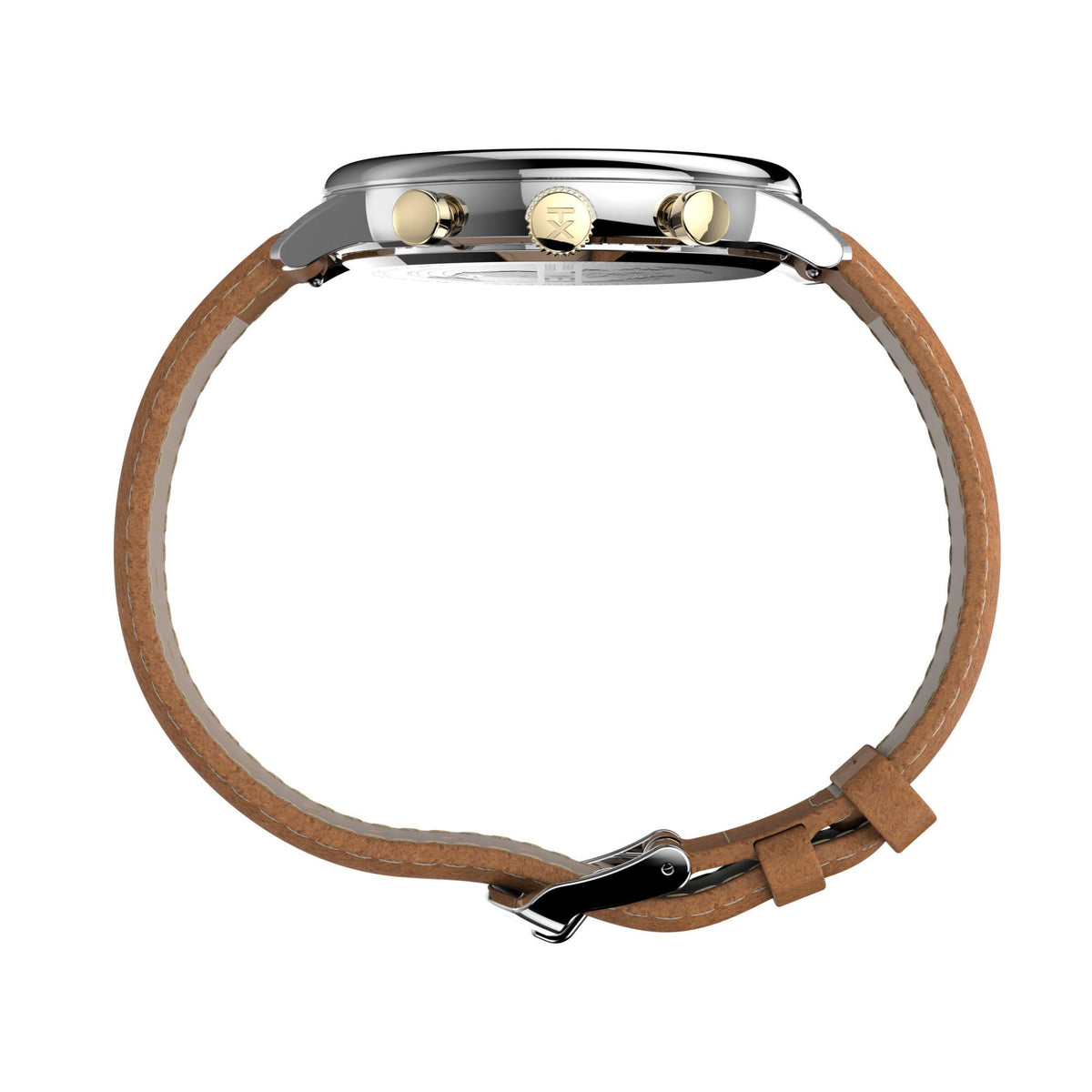 Timex Chicago watch case with gold-tone crown and brown leather strap