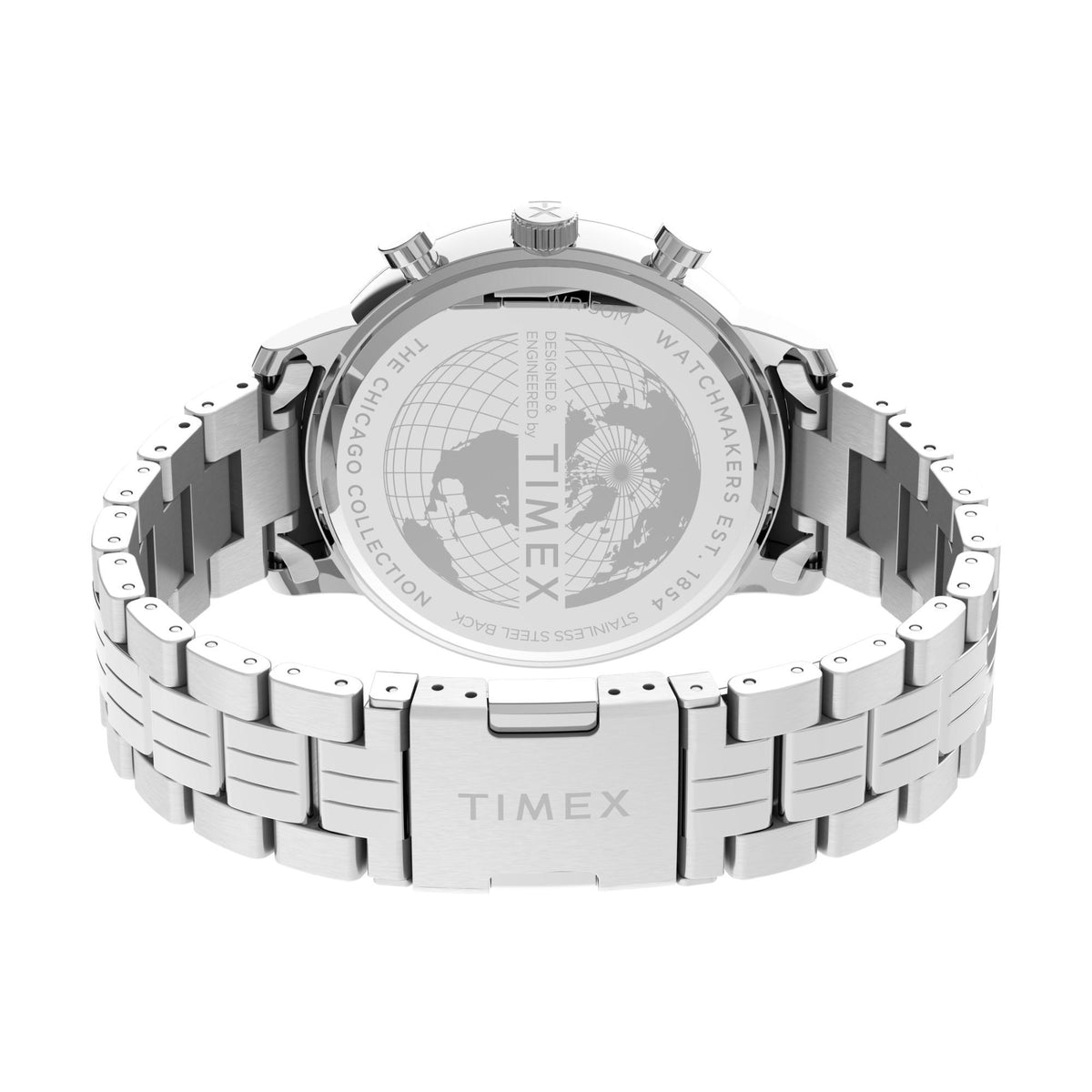 Timex stainless steel watch caseback with engraved dial and metal bracelet
