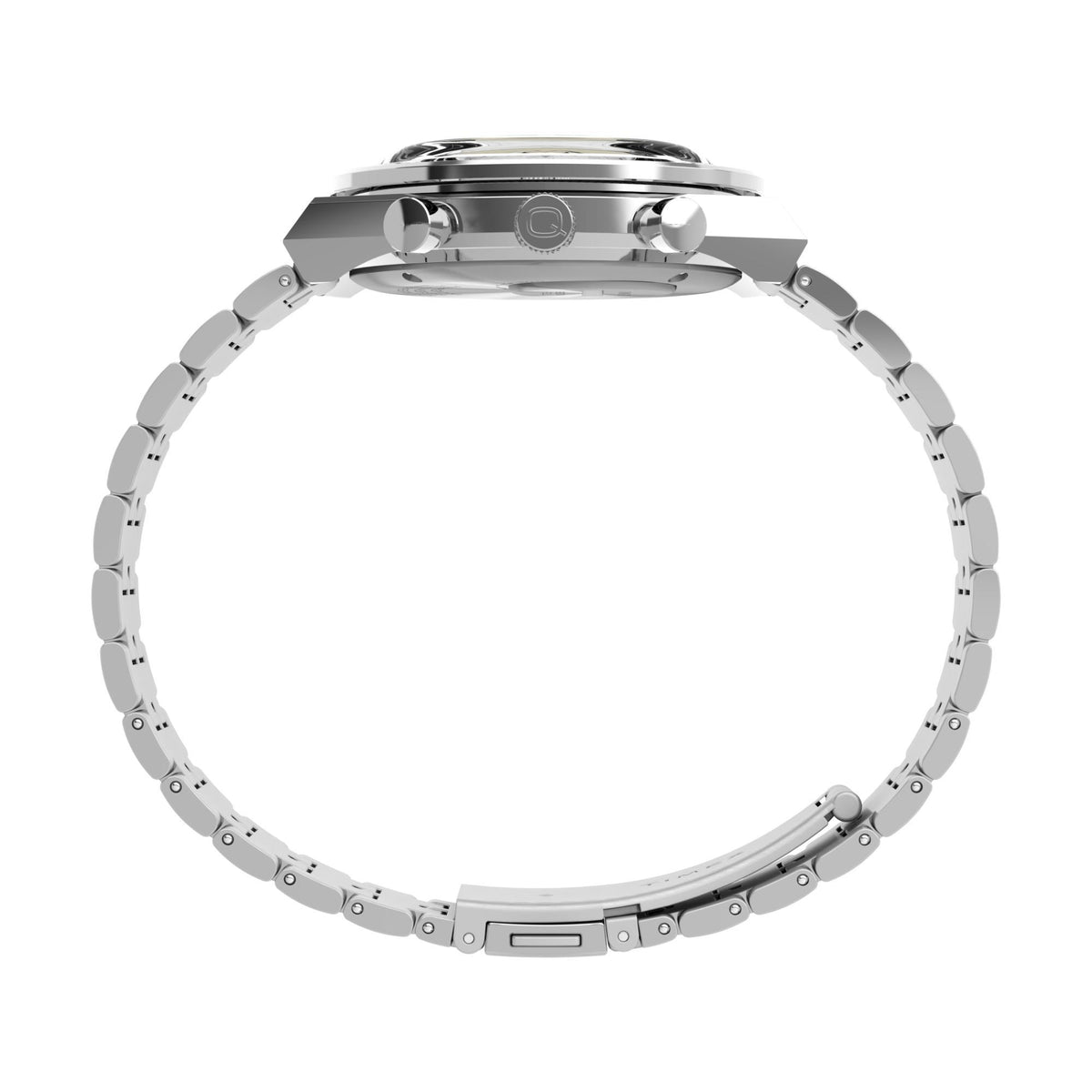 Men's steel quartz watch with black dial, three subdials, and link bracelet