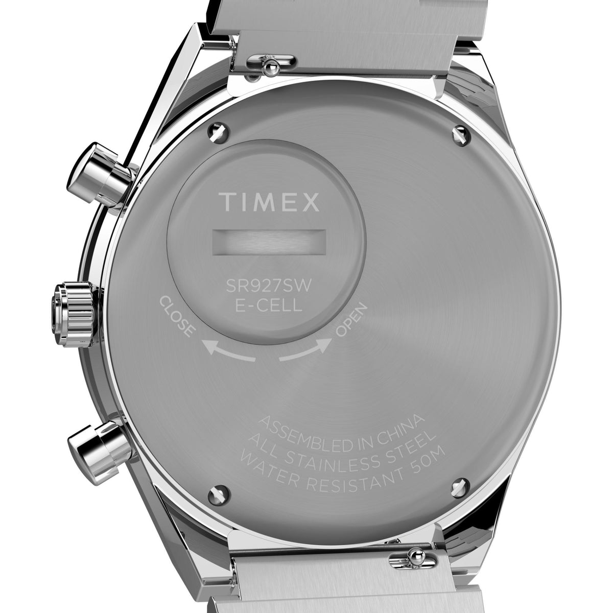 Stainless steel Timex chronograph quartz watch, case back with screws and markings