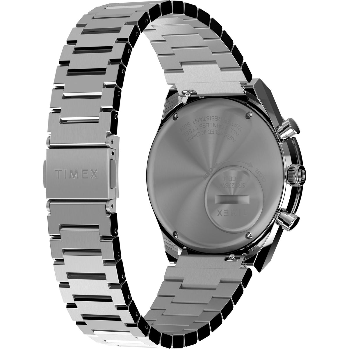 Stainless steel Timex chronograph quartz watch, angled case-back view with crown