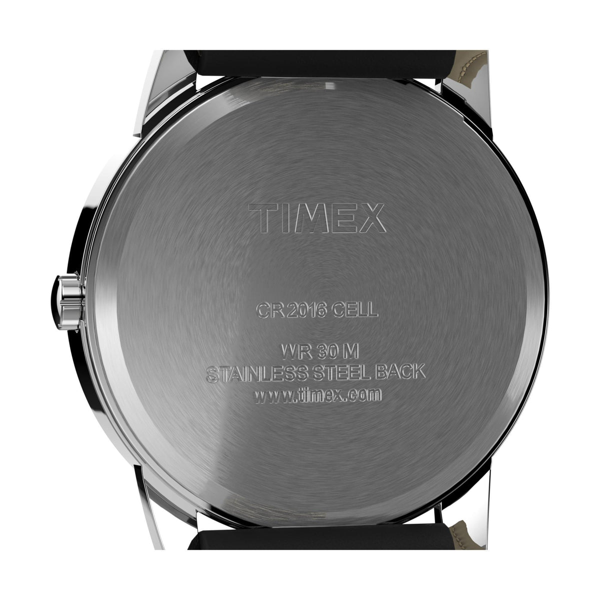 Timex quartz watch caseback with stainless-steel back and black leather strap detail