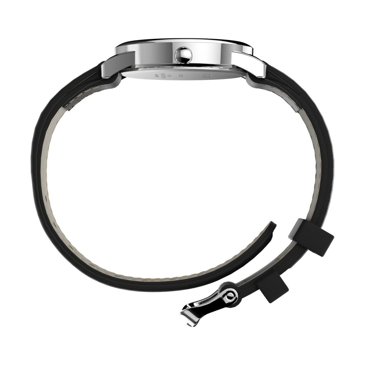 Round Timex watch case with silver bezel and black leather strap, side view