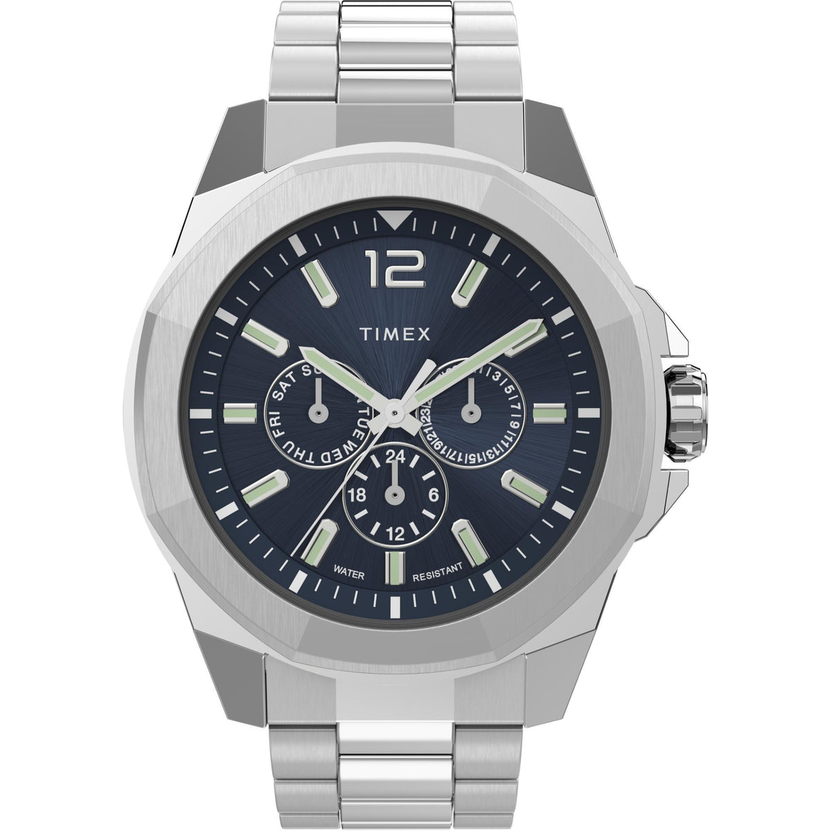 Men's chronograph watch with blue dial and stainless-steel bracelet