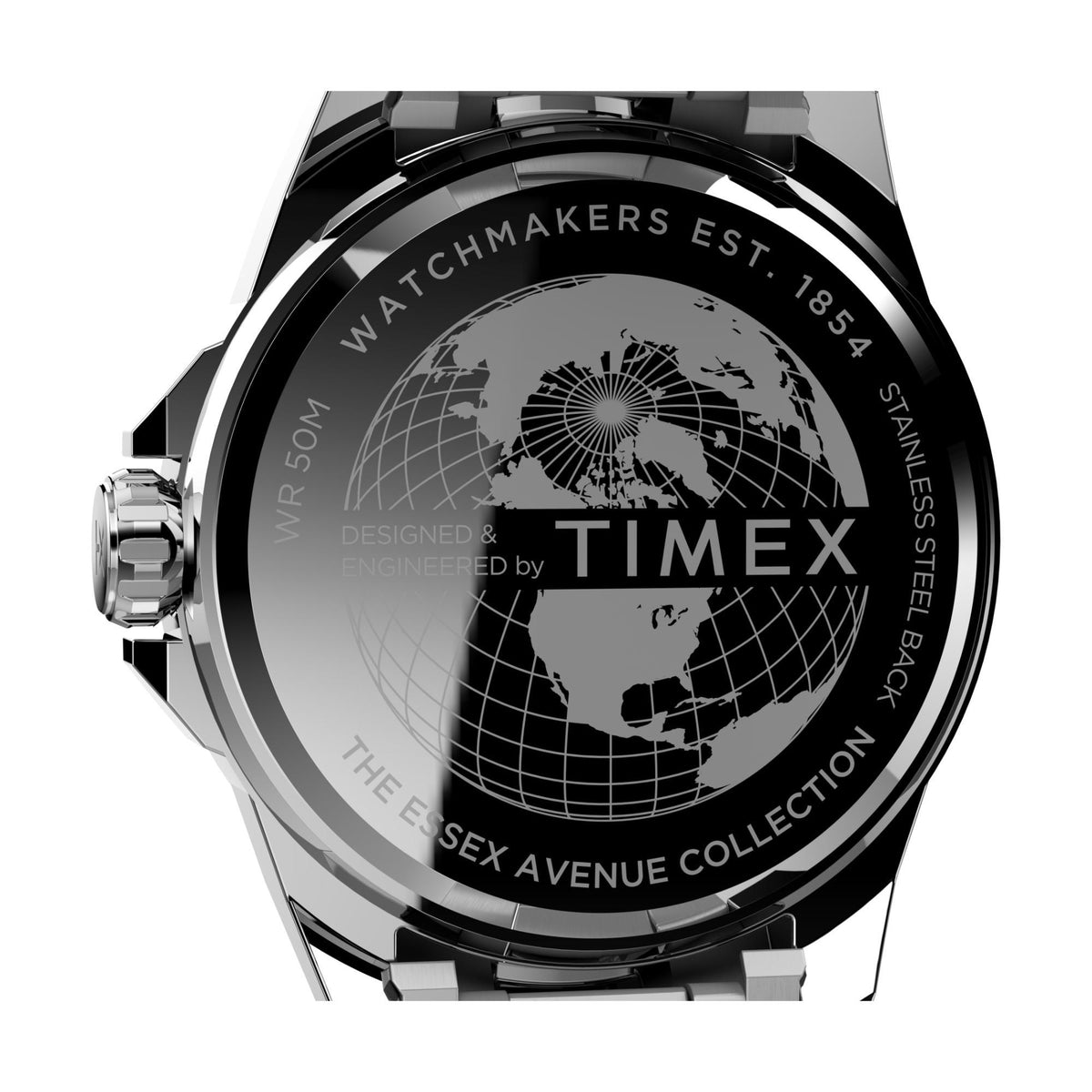 Stainless-steel watch case back with world map engraving