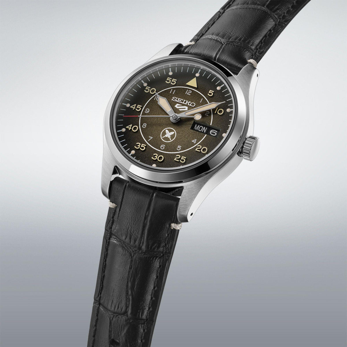 Seiko 5 Sports SRPL31K1 angled front view with full upper strap