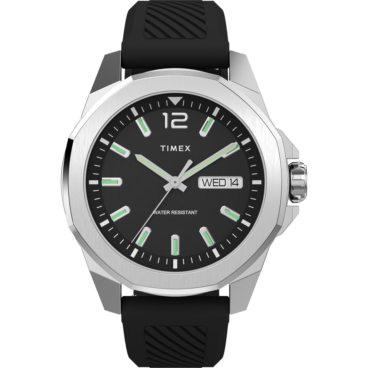 Men's black dial quartz watch with black silicone strap, metal bezel, date window WED 14