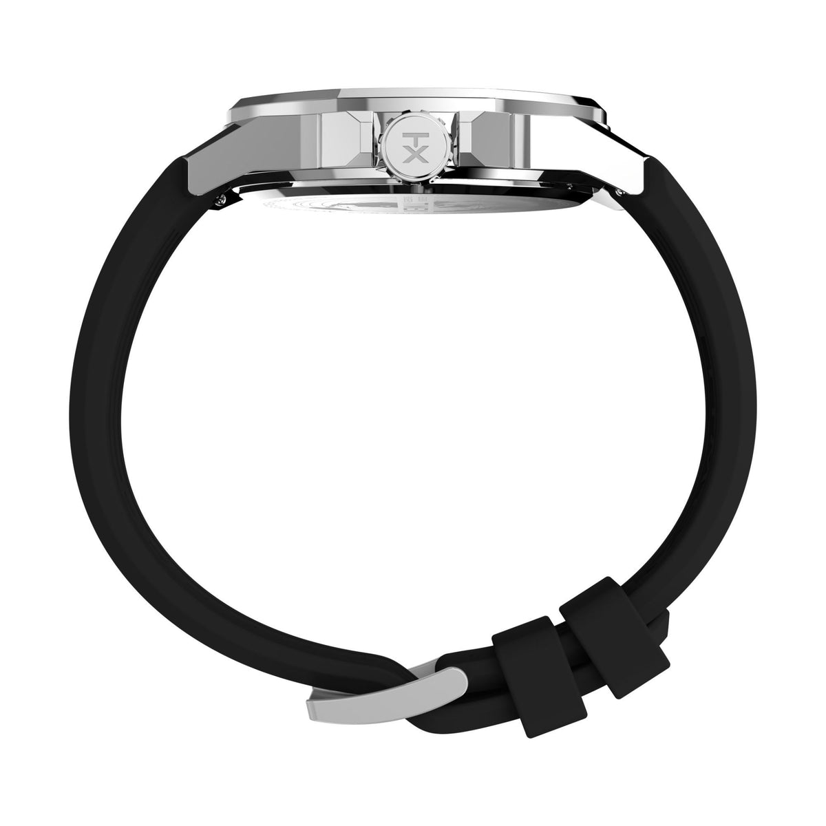 Men's quartz watch side view with black silicone strap and silver metal case, crown on right
