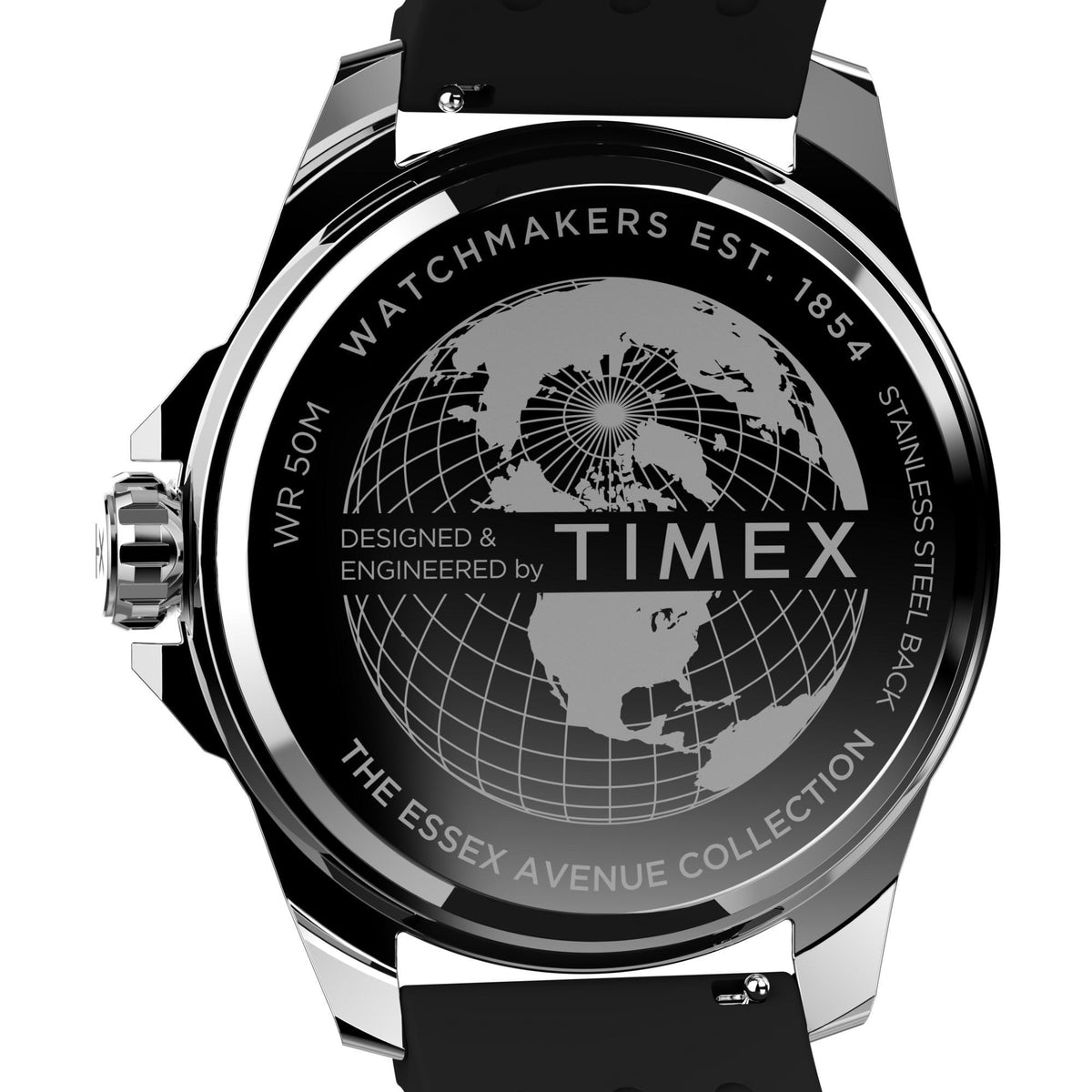 Men's watch caseback with globe engraving, water resistant and stainless steel text, black strap