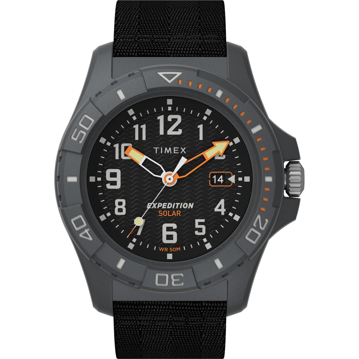 Men's quartz watch with black dial and orange accents, fabric strap, dark 46mm case