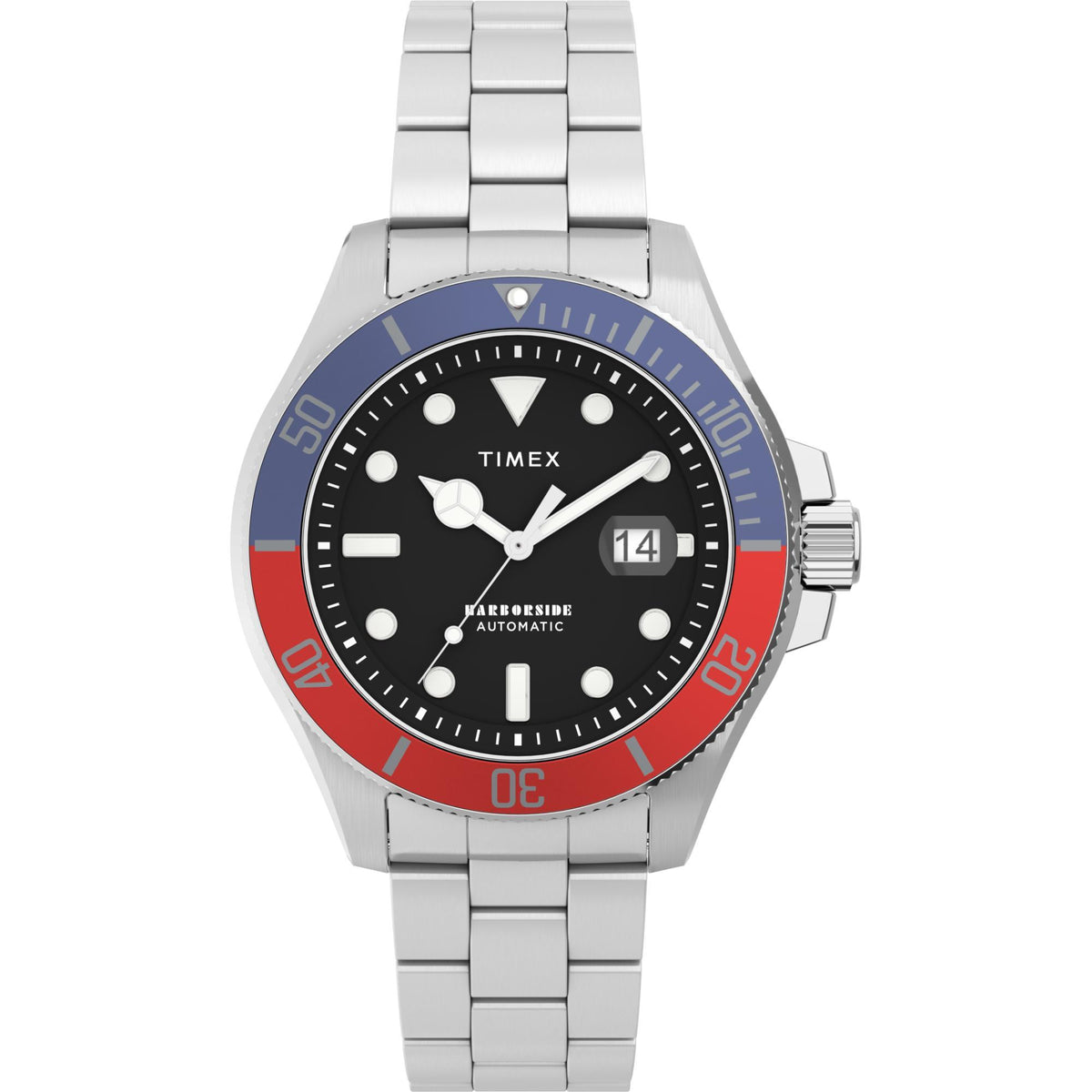 Men's steel automatic watch, black dial with blue/red bezel and metal bracelet