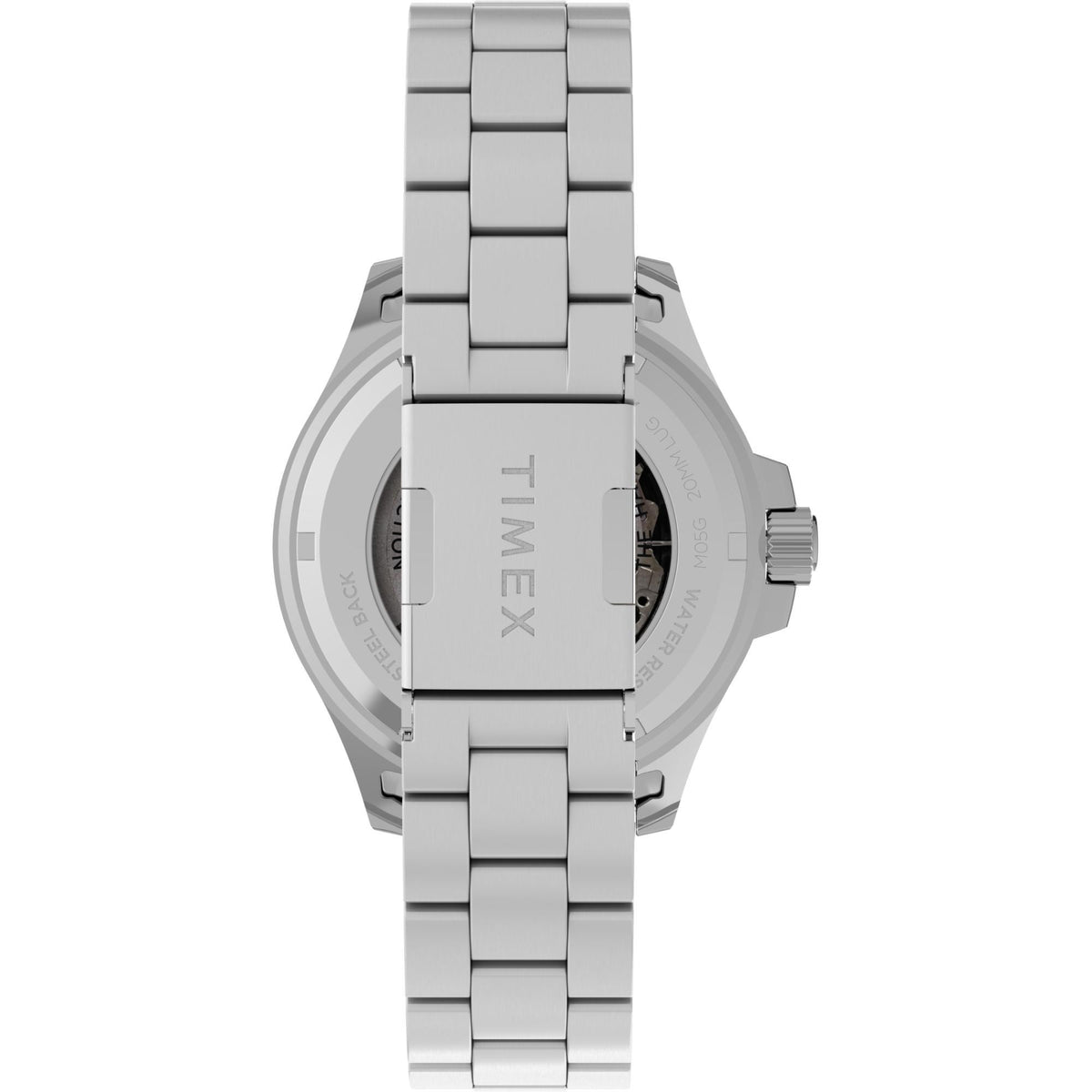 Stainless steel automatic watch, case back with Timex logo and link bracelet