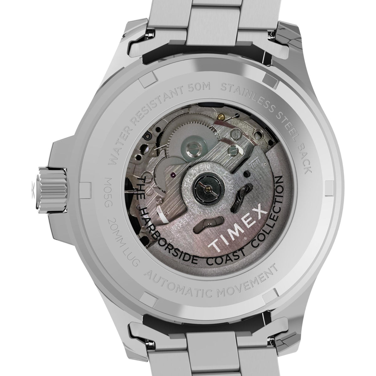 Automatic watch caseback with visible mechanical movement and Time Collection text