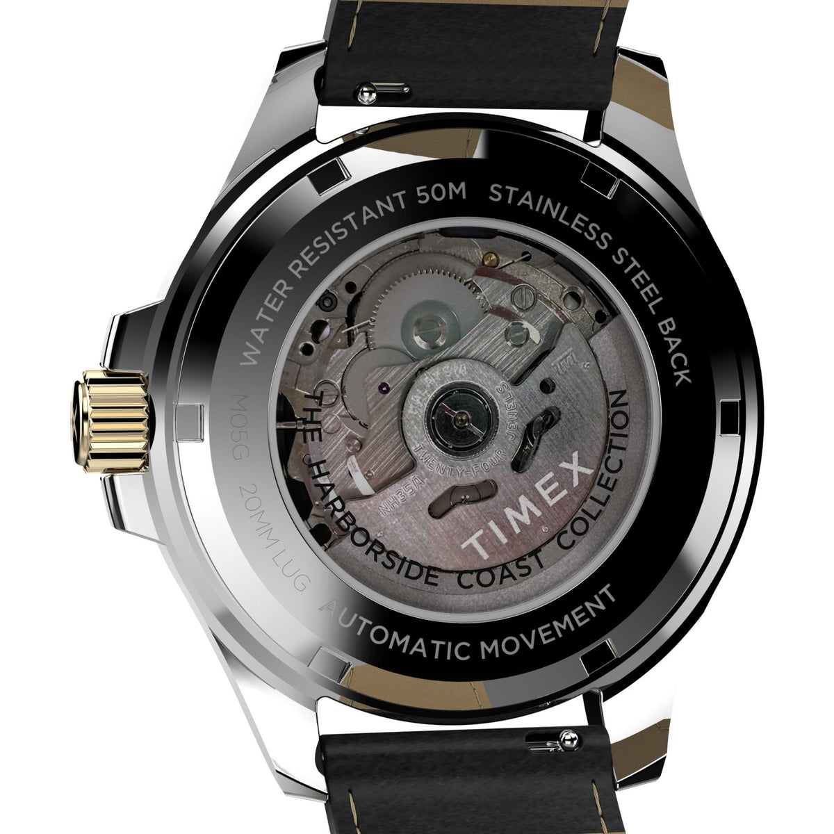 Timex watch back view with mechanical components on a white background
