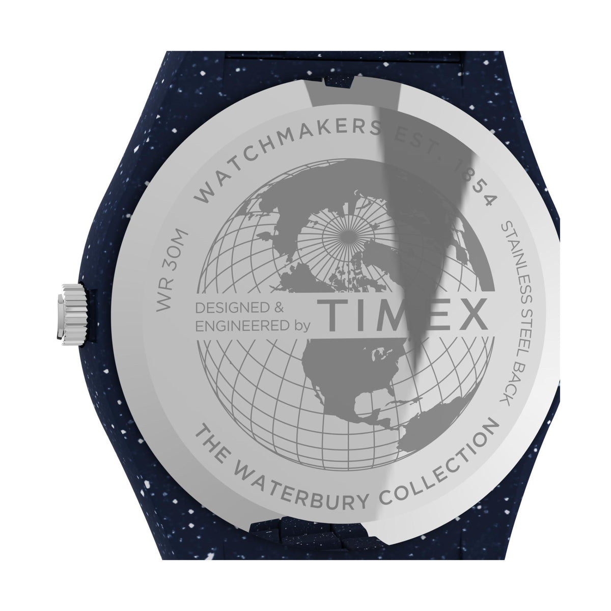 Timex Legacy case back with globe graphic on dark blue speckled strap