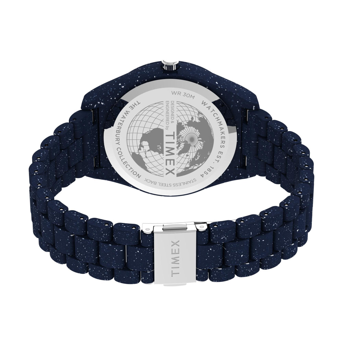 Timex Legacy men’s quartz watch with dark blue speckled resin strap and silver clasp