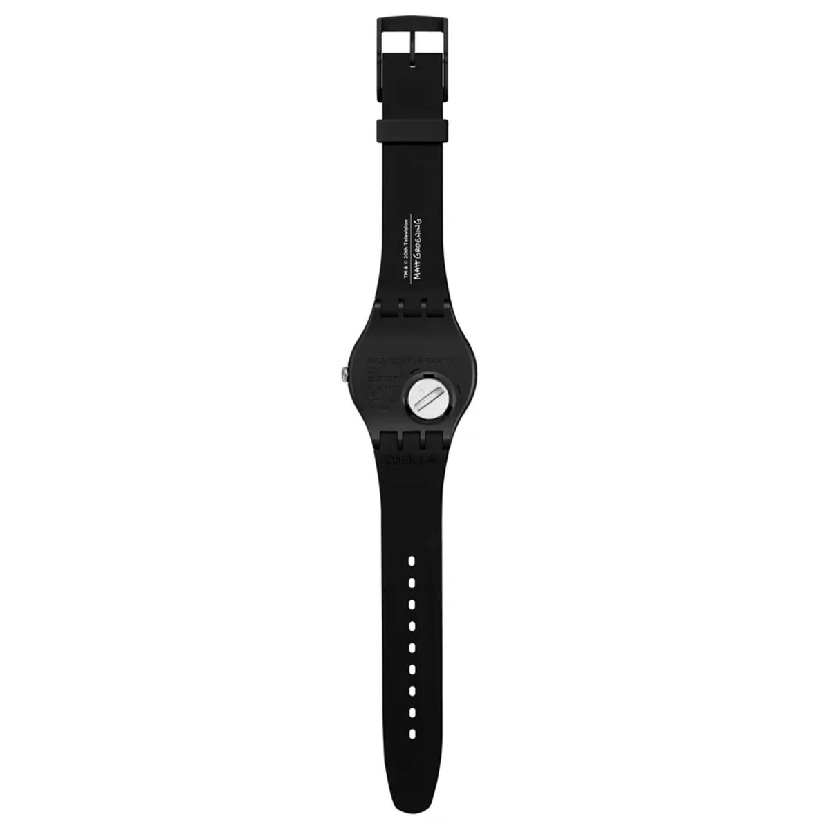 Swatch black silicone strap watch with pin buckle and perforations