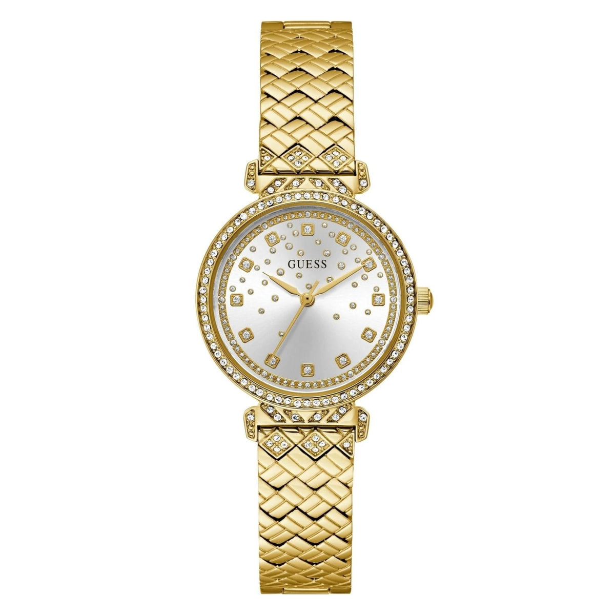 Gold-tone ladies wristwatch with silver dial, crystal bezel, and patterned link bracelet.