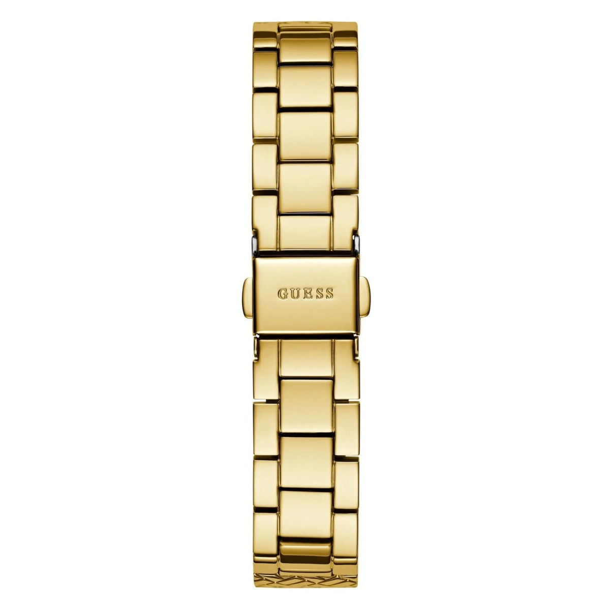 Gold-tone link bracelet watch with clasp; GUESS logo visible on the inner case back.