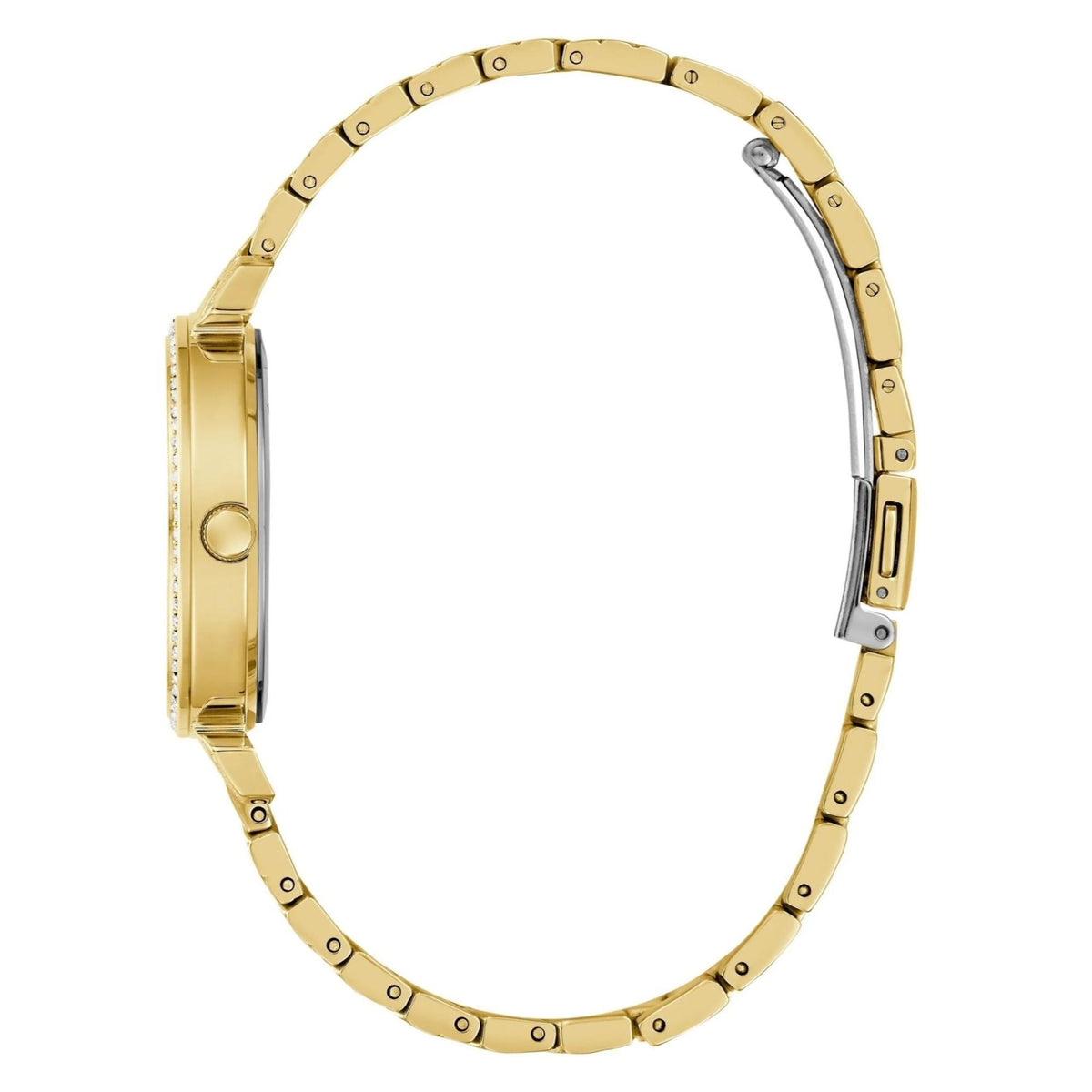 Gold-tone wristwatch case side with metal link band and silver-toned crown area.