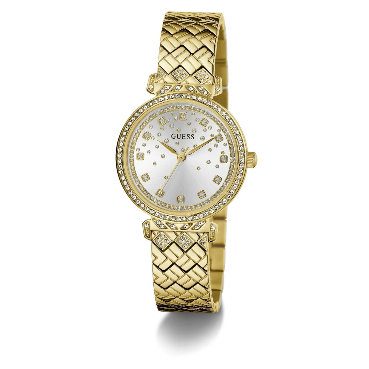 Round gold-tone ladies watch with silver dial, crystal hour markers, and textured link strap.