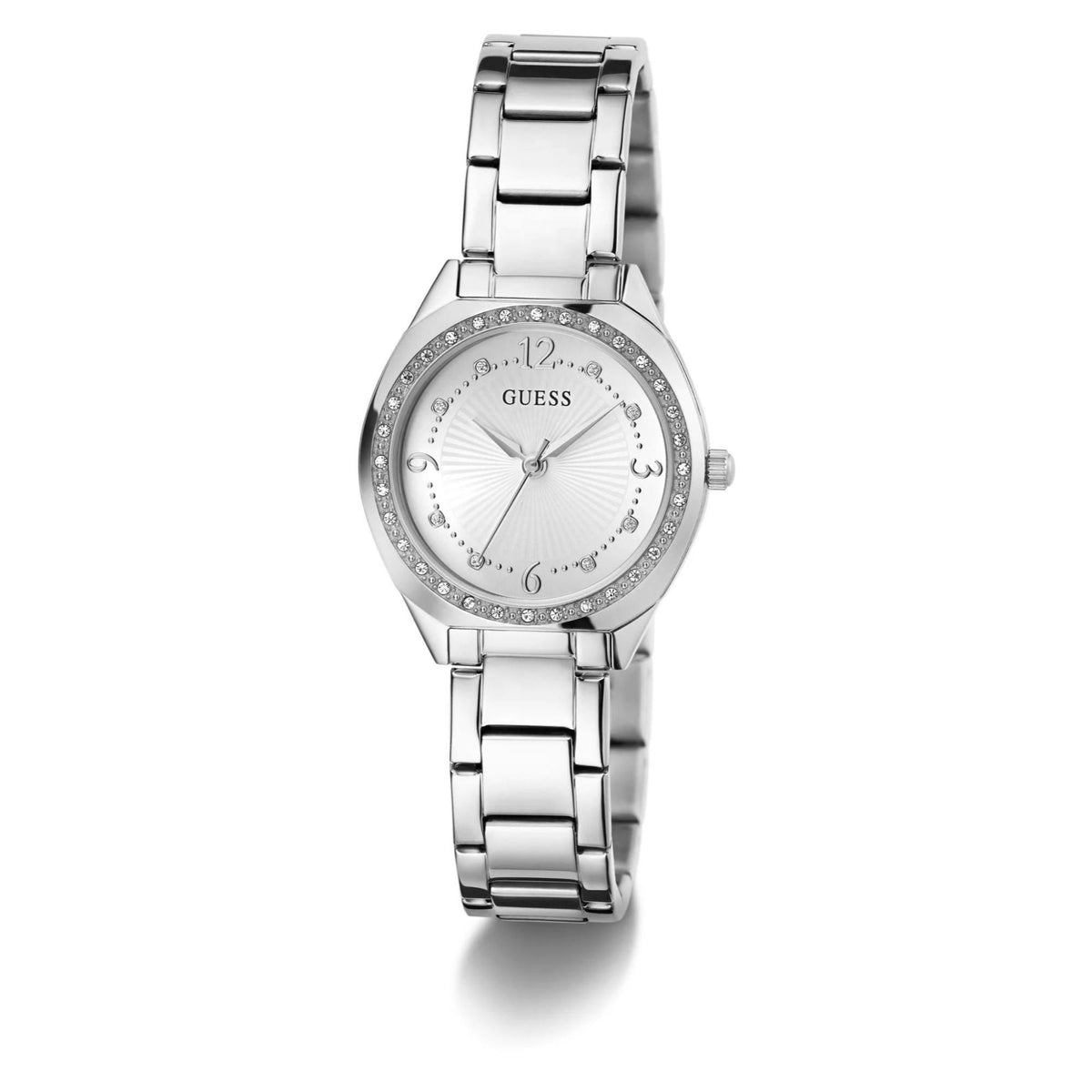 Silver-tone analog watch with white dial, crystal bezel detail, and metal link band