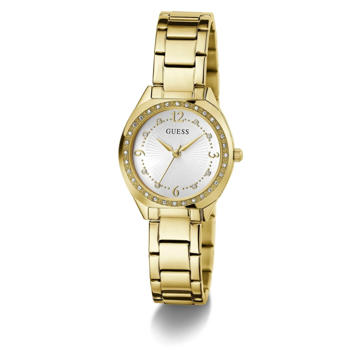 Gold-tone analog ladies watch with white dial, crystal-studded bezel, and metal link bracelet