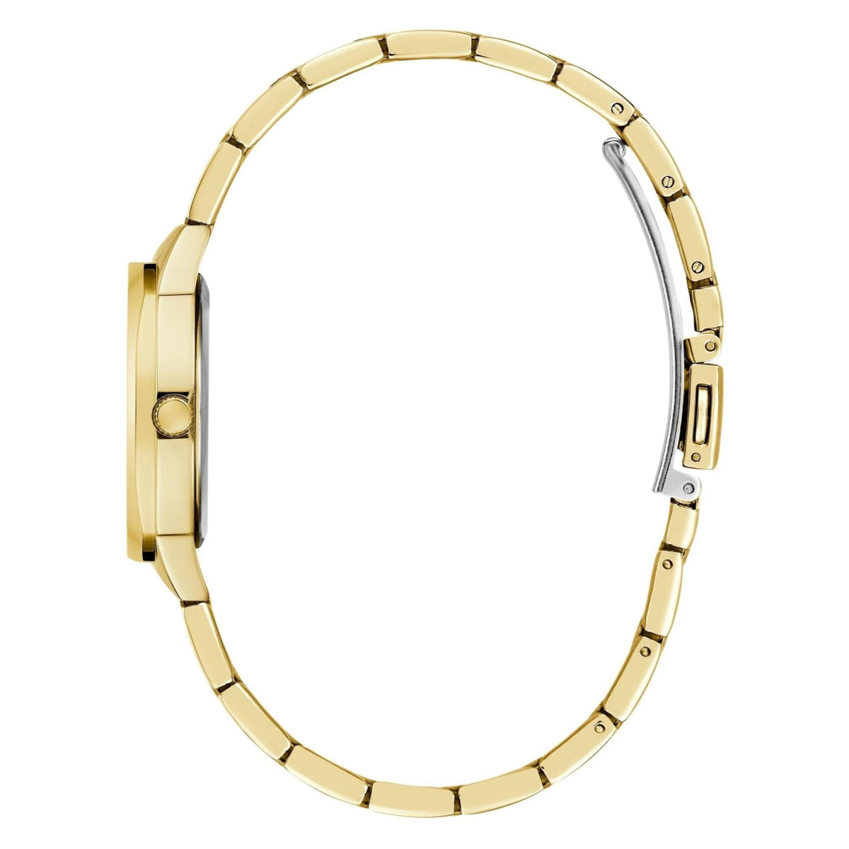 Gold-tone analog ladies watch side view with metal case and link bracelet