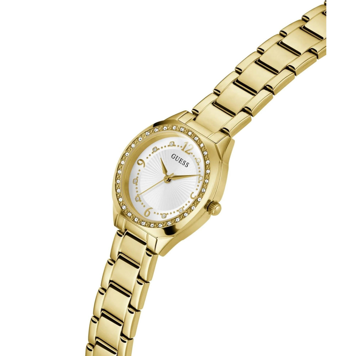 Gold-tone analog ladies watch angled view with white dial and crystal bezel