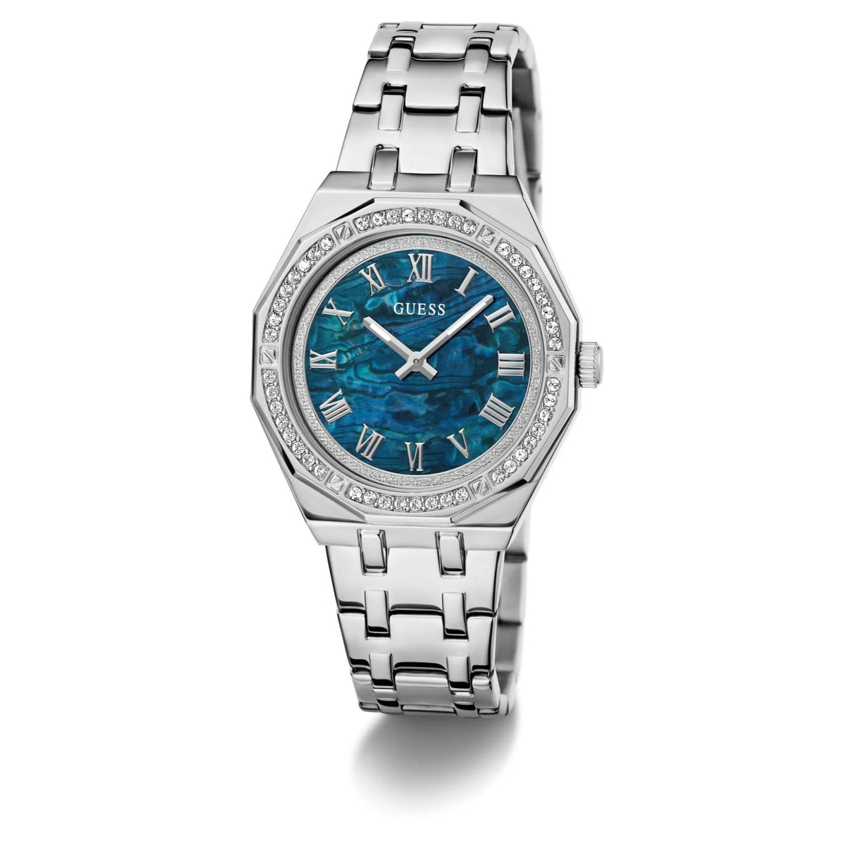 Ladies silver-tone analog watch, blue dial with roman numerals and rhinestone bezel