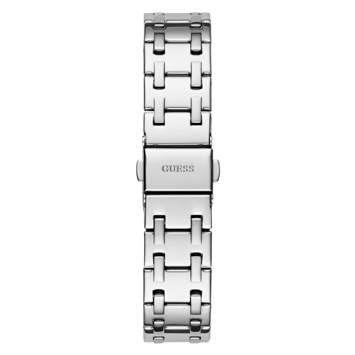 Silver-tone metal watch bracelet with GUESS clasp, viewed from the back