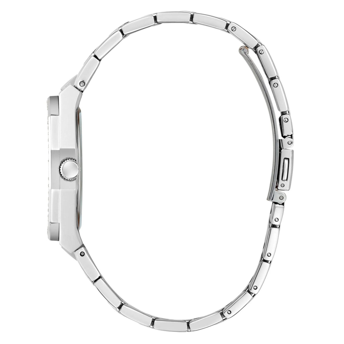 Silver-tone analog watch case edge and link bracelet with round crown detail