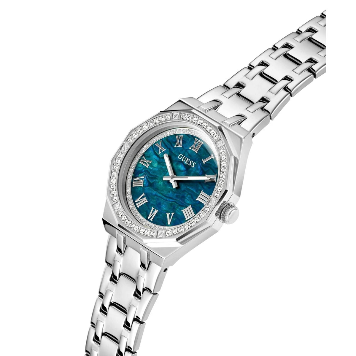 Silver-tone analog watch with blue dial, roman numerals, rhinestone bezel, and crown