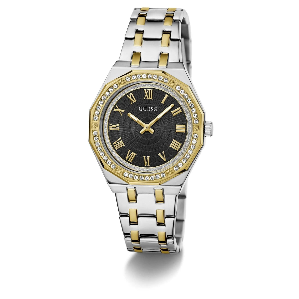 Two-tone stainless steel analog watch with black dial and gold hands, crystal bezel