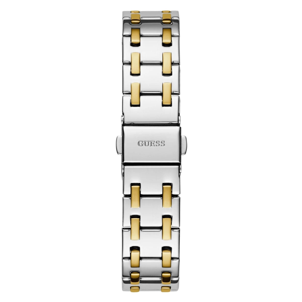 Two-tone stainless steel bracelet watch with alternating gold and silver link design