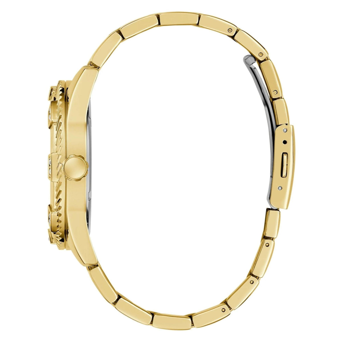 Men's gold tone watch case profile with side crown and link bracelet