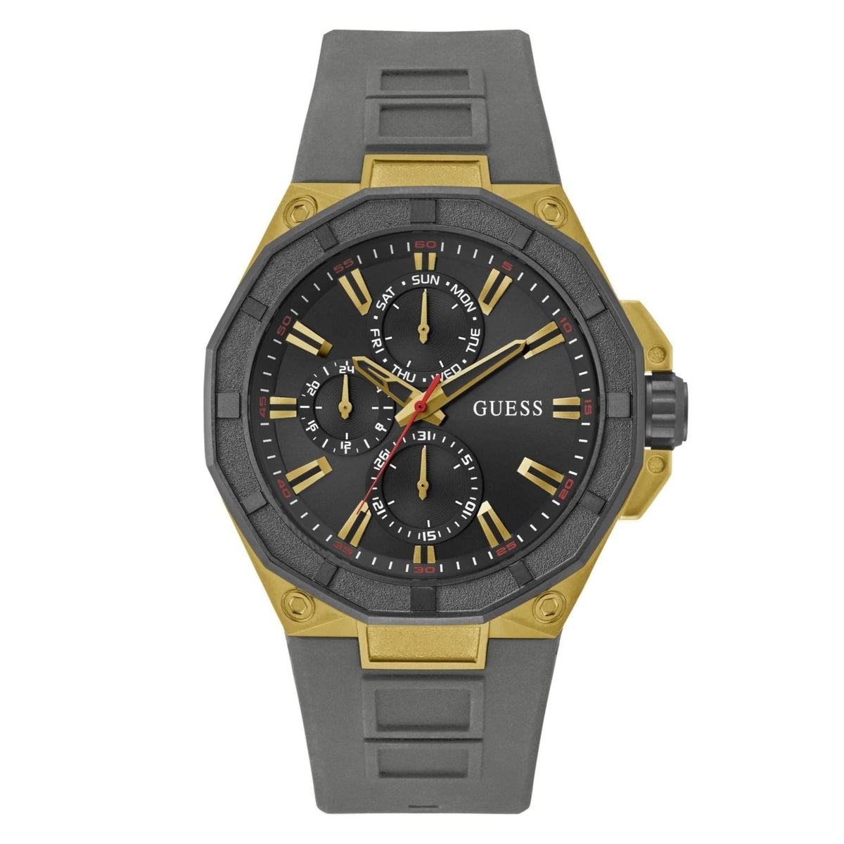 Men's two-tone wristwatch: black dial, three subdials, gray silicone strap, gold accents