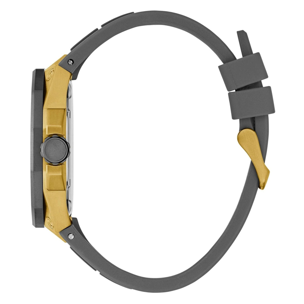 Gray silicone watch strap with gold buckle and clasp; black hardware, side profile