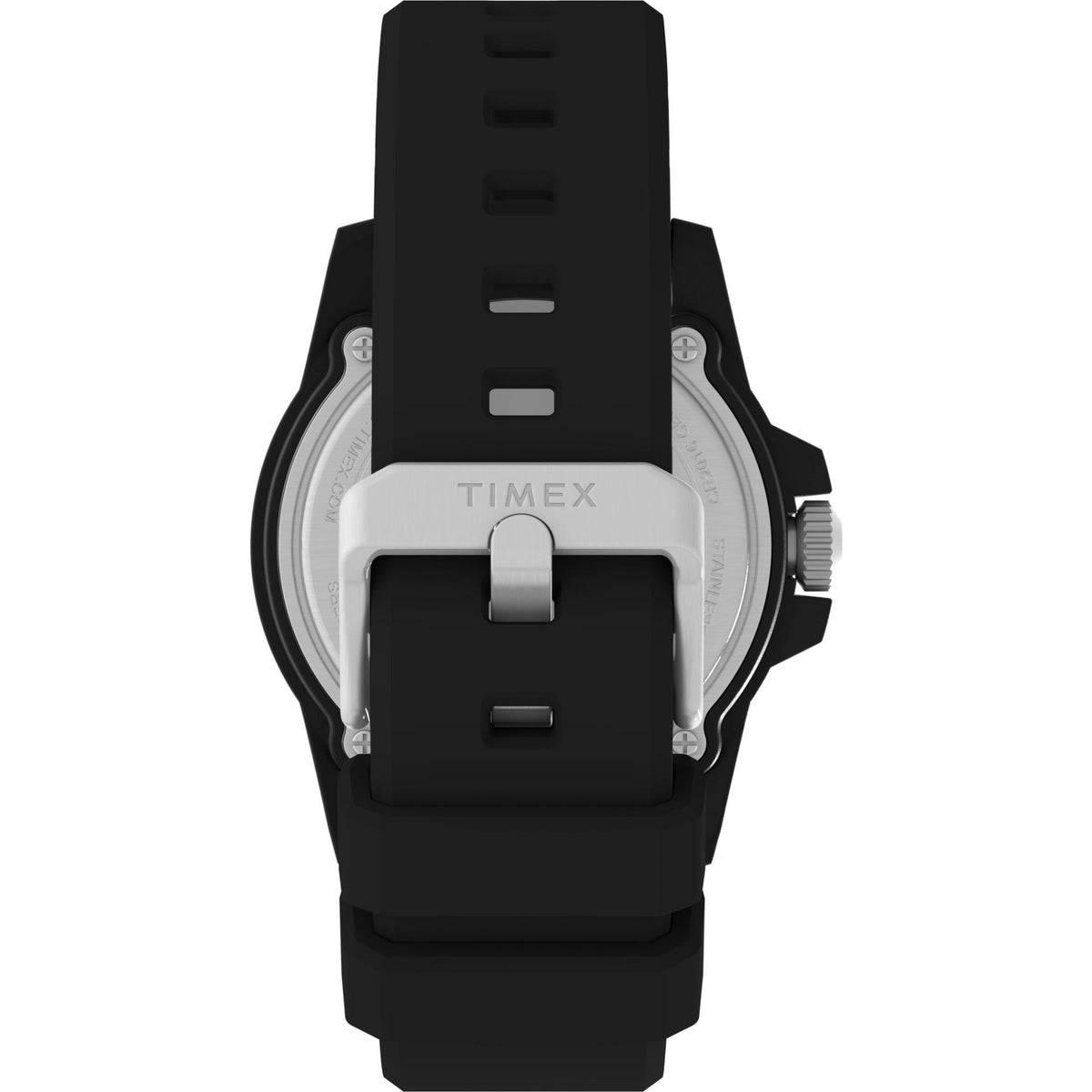 Men's 42mm quartz watch back view with black rubber band and silver caseback
