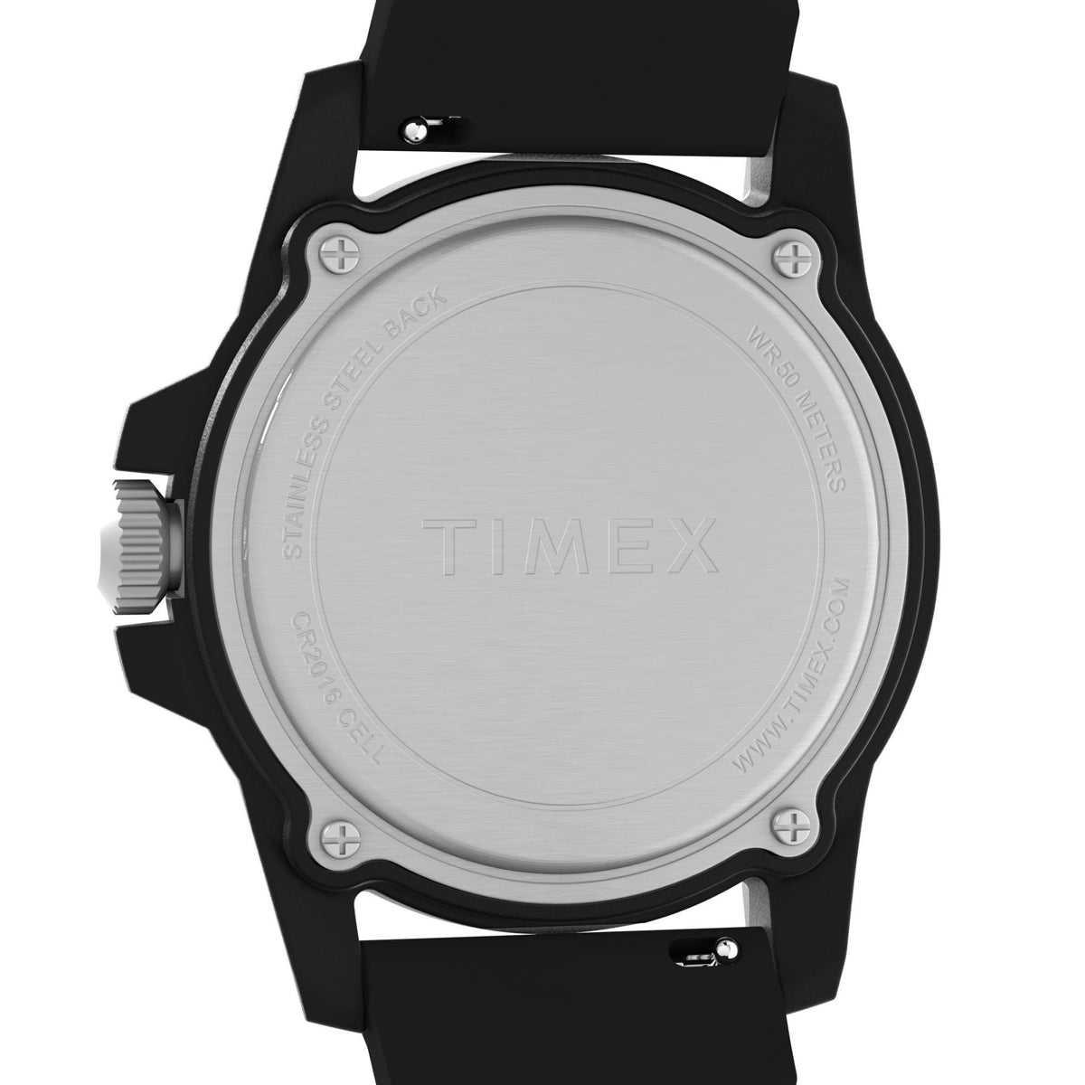 Men's 42mm quartz watch caseback with silver backplate and black rubber strap