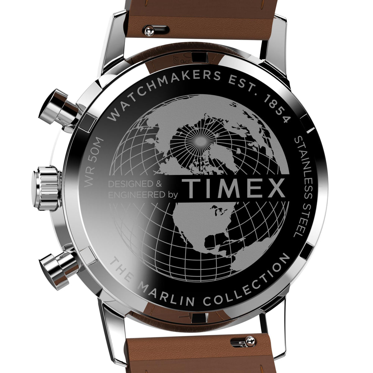 Silver chronograph caseback with globe graphic and TIMEX MARLIN COLLECTION text