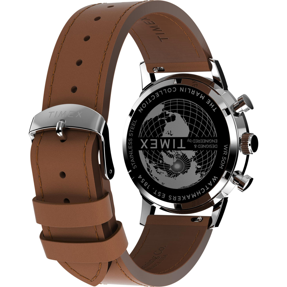 Angled Timex chronograph caseback with globe graphic and brown leather strap