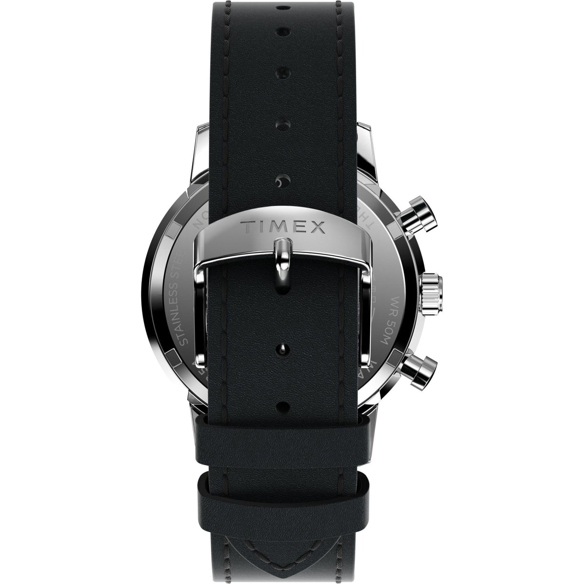 Men's silver chronograph watch with black leather strap viewed from the back