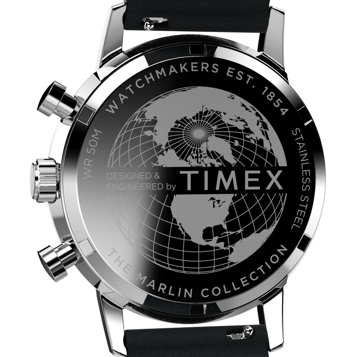 Men's silver chronograph watch with black globe dial and branded stainless caseback