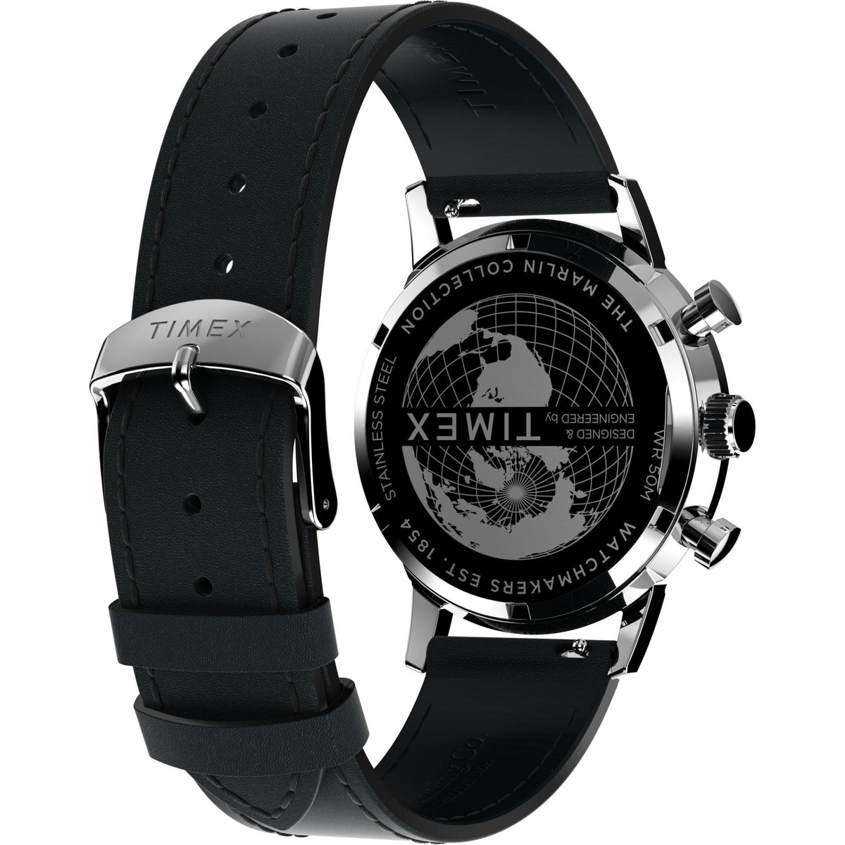 Men's silver chronograph watch with black leather strap, showing black dial from an angle