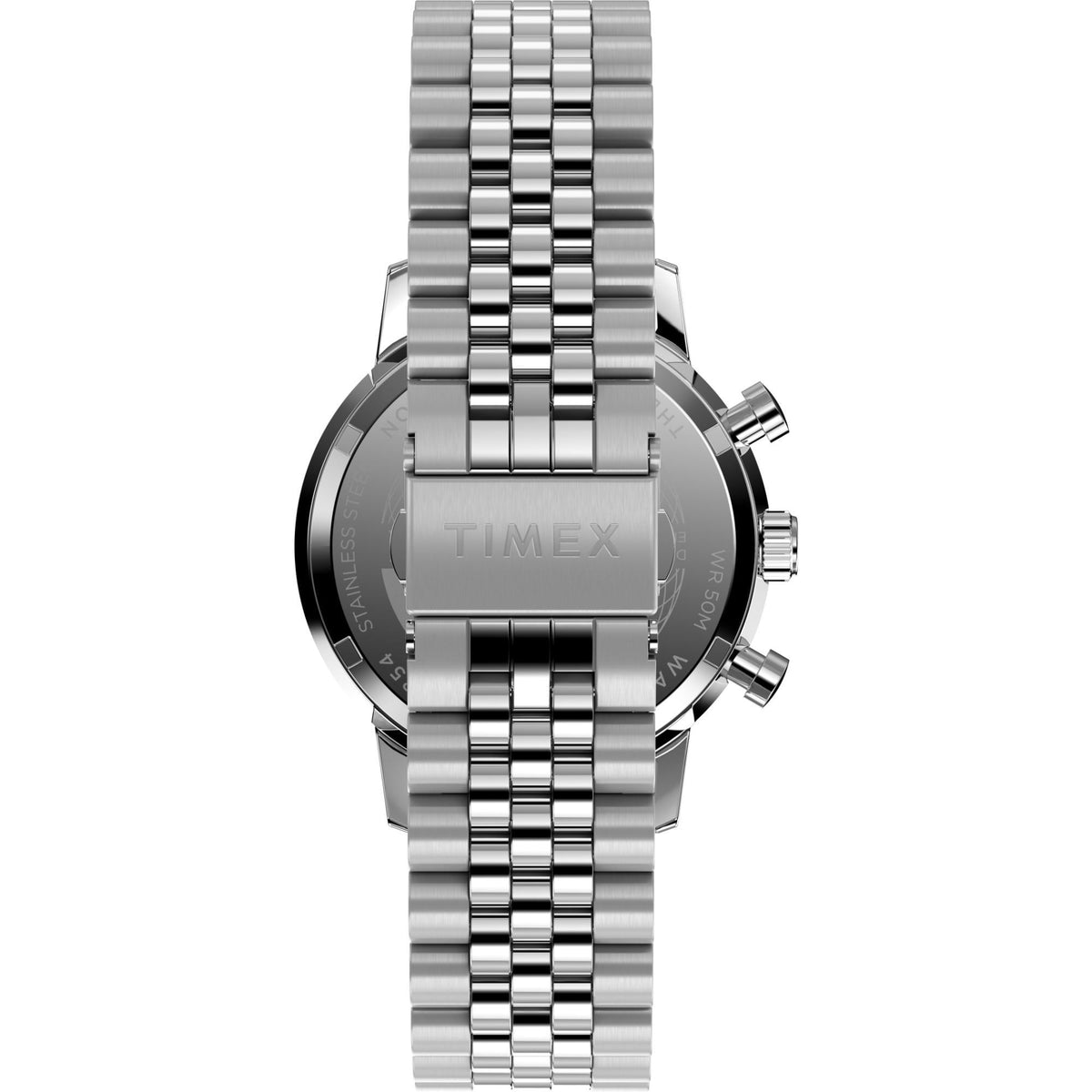 Men's silver steel Timex chronograph quartz watch back, side buttons visible