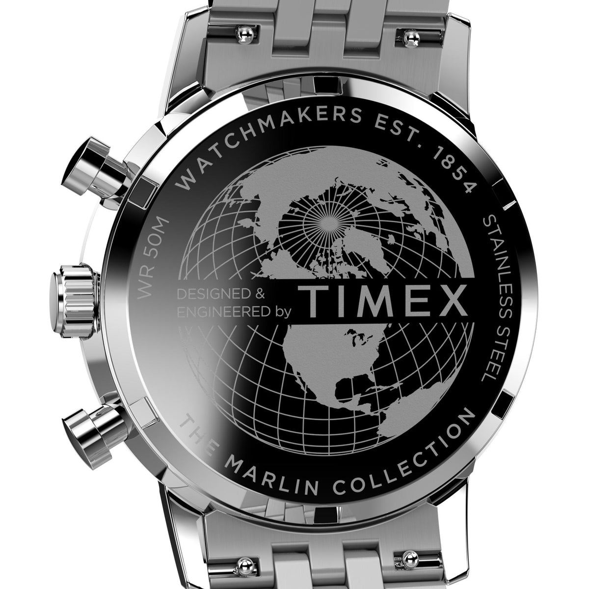 Close-up of silver steel Timex chronograph watch caseback with globe engraving
