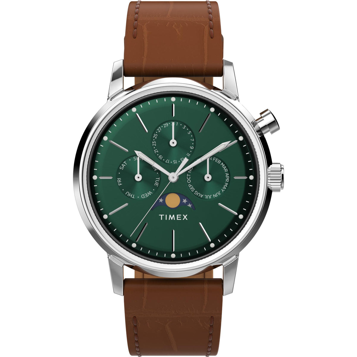 Men's steel case quartz watch with green dial and brown leather strap